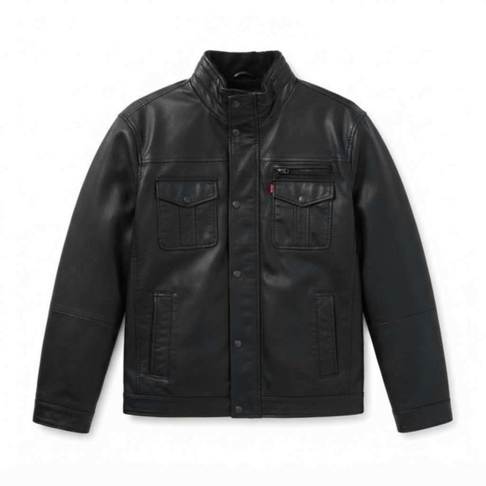 Levis Mens Jacket XL Black Faux Leather Sherpa Lined Utility Field Coat Moto